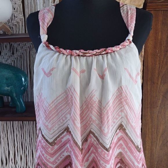 Guess Cross Strap Pink Watercolor Metallic Chevron Boho Braided Neck Top‎ Sz L - Picture 5 of 9